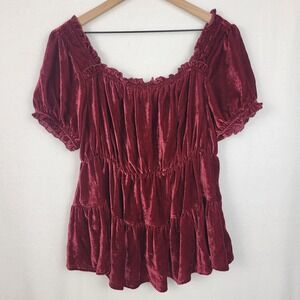 Torrid Velvet Tiered Babydoll Top Sz 1 (14-16) Burgundy Boho Romantic Whimsigoth
